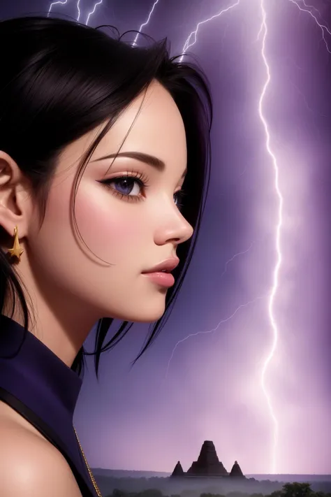 8k Digital art, Fluxus Art, landscape of a Quaint Tikal, Thunderstorm, Evil, Purple color grading, art by David Downton, (Malcolm Liepke:1.0) , close-up