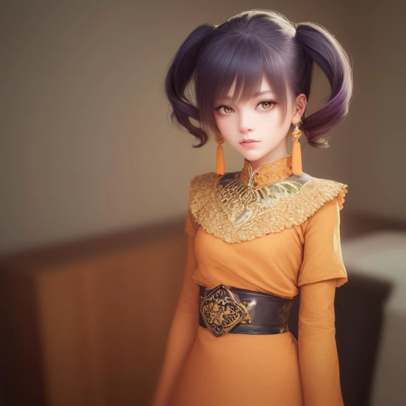 cowboy shot, solo, <lora:tioGrandia2:0.6> tio_grandia, jewelry, earrings, twintails, yellow eyes, antennae, purple hair, wings, short hair, hair tubes, orange dress, dress, bare legs, short dress, purple brow marks, long sleeves, wide sleeves, gold necklace, sash, bracers, masterpiece, best quality, absurdres, highres, 4k, ray tracing, perfect face, perfect eyes, intricate details, highly detailed