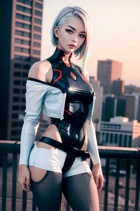 masterpiece, (photorealistic:1.4), best quality, beautiful lighting, (ulzzang-6500:0.5),
lucy \(cyberpunk\), 1girl, against railing, arm rest, bangs, bare shoulders, belt, black belt, black leotard, black pants, blurry, bob cut, breasts, building, cityscape, clothing cutout, cropped jacket, cyberpunk, depth of field, from side, gradient eyes, grey eyes, grey hair, jacket, leotard, lips, long sleeves, looking afar, looking ahead, mechanical parts, medium breasts, multicolored eyes, multicolored hair, night, night sky, off shoulder, open clothes, open jacket, outdoors, pants, parted lips, railing, red eyeliner, science fiction, short hair with long locks, short shorts, shorts, sidelocks, sky, solo, standing, teeth, thigh cutout, upper teeth only, white jacket, white shorts, cyberpunk \(series\), cyberpunk edgerunners, <lora:lucy-000035:0.7>
RAW photo, 8k uhd, film grain