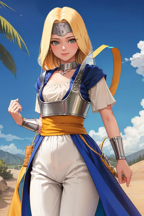 (masterpiece, best quality:1.2), <lyco:dq6_mireyu-10:1.0>, cowboy shot, solo, 1girl, mireyu, smile, looking at viewer, blouse, breastplate, white pants