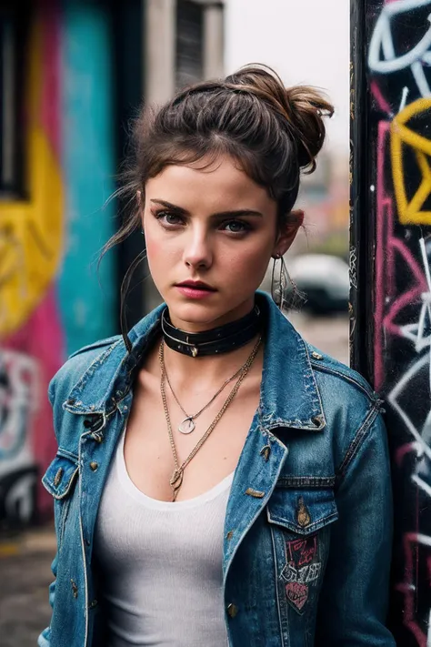 LauraW_SoloTI_v1,
(Dressed in a fitted black blazer paired with distressed denim jeans and chunky boots, accessorized with edgy leather cuffs and a choker necklace, with a messy bun and smoky eye makeup),
(Exploring a gritty urban gallery, adorned with graffiti murals and industrial accents, where the clash of colors and textures creates a raw and rebellious atmosphere: 1.3),
(seductive:1.3),(analog, cinematic, film grain, hazy atmosphere, cinematic shot:1.3), 
<lora:add_detail:0.6>, PA7_Portrait-MCU,