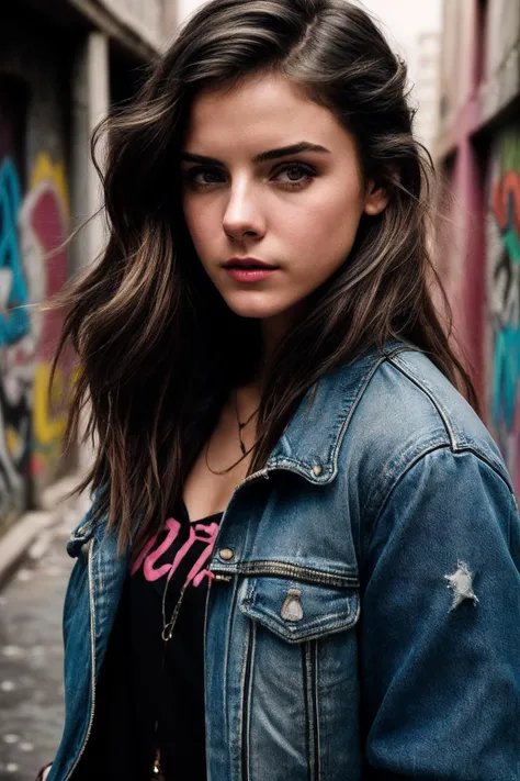 LauraW_SoloTI_v1,
(In ripped jeans and a graphic tee, with a leather jacket and edgy accessories, for a bold and rebellious look),
(An urban graffiti-covered alley, with skateboards and street art, an atmosphere of defiance and youthful energy:1.3),
(seductive:1.3),(analog, cinematic, film grain, hazy atmosphere, cinematic shot:1.3),
<lora:add_detail:0.6>, PA7_Portrait-MCU,