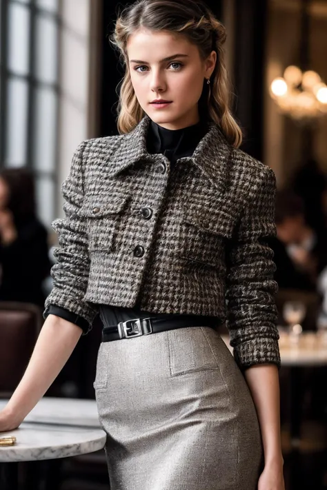 LauraW_SoloTI_v1,
(A timeless Chanel-inspired tweed jacket, paired with a sleek pencil skirt for a sophisticated and chic aesthetic:1.1), ((In a stylish Parisian café, surrounded by the aroma of freshly brewed coffee and the chatter of fashionable patrons:1.2)), (seductive), photorealistic, masterpiece, high quality, artistic, unique, award winning photograph, professional, 8k, RAW photo, best quality,flattering, (cinematic:1.3),
<lora:add_detail:0.6>, PA7_Portrait-MCU,