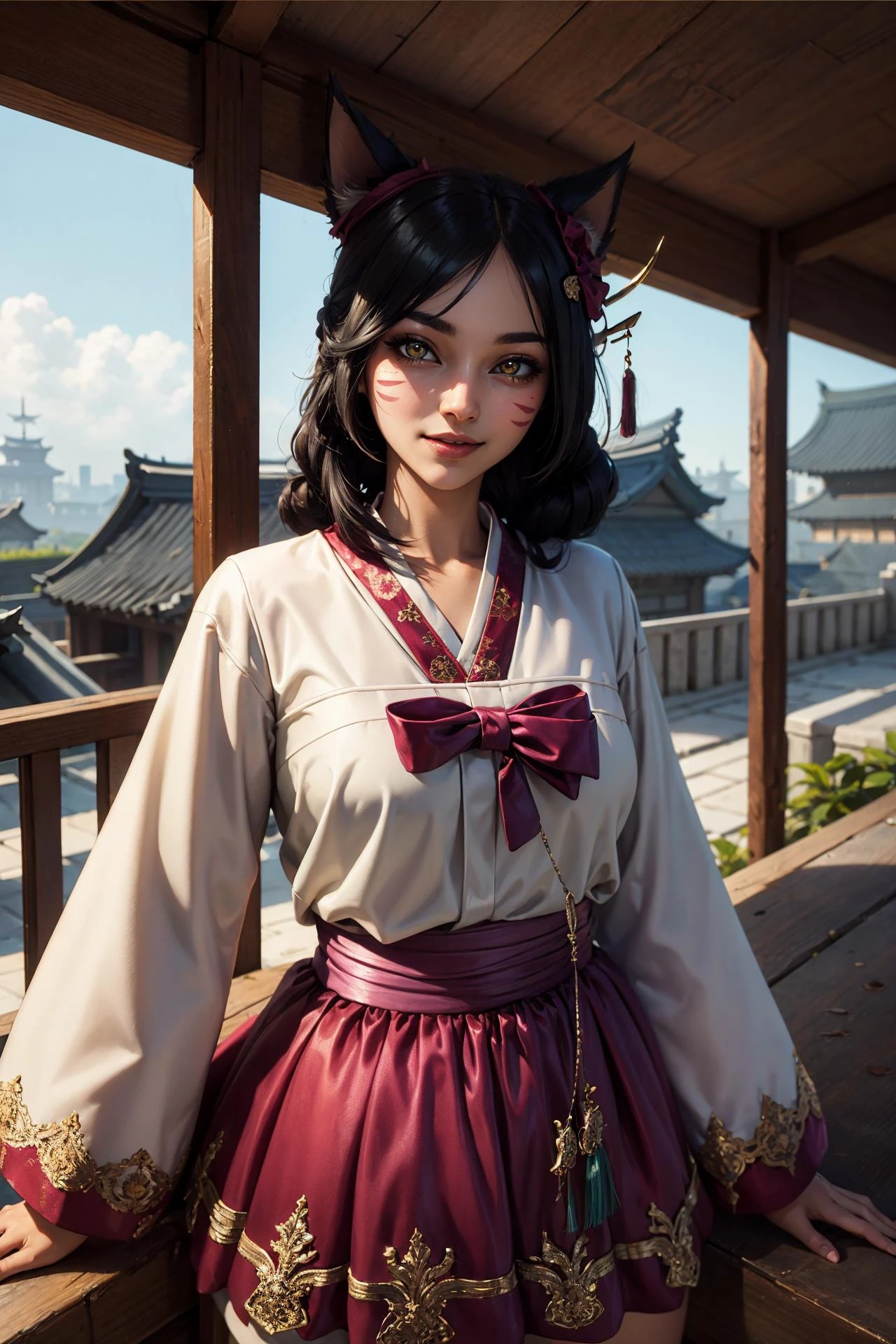(masterpiece, best quality:1.2), intricate details, <lora:GoodHands-beta2:1>, <lora:lol_dynasti_ahri-000018:1>, dynasty ahri, 1girl, animal ears, whisker markings, korean clothes, long sleeves, hair ornament, bow, yellow eyes, black hair, light smile