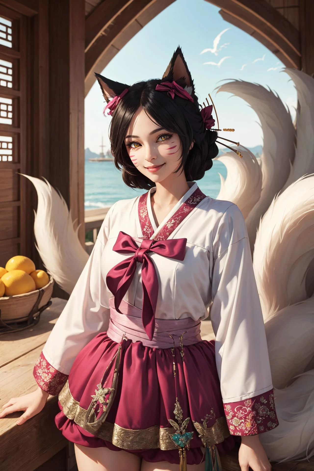 (masterpiece, best quality:1.2), intricate details, <lora:GoodHands-beta2:1>, <lora:lol_dynasti_ahri-000018:1>, dynasty ahri, 1girl, animal ears, whisker markings, korean clothes, long sleeves, hair ornament, bow, multiple tails, yellow eyes, black hair, light smile