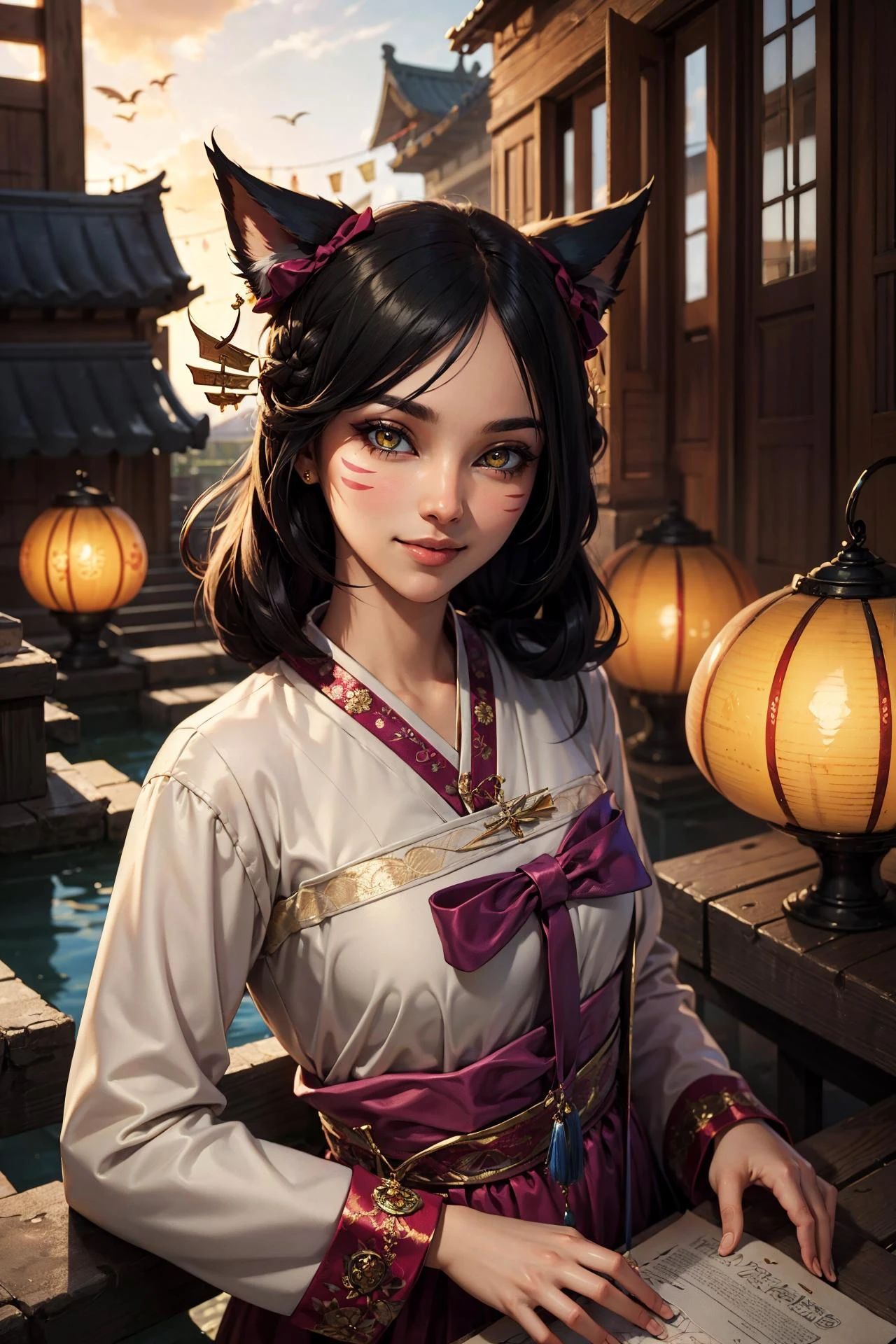 (masterpiece, best quality:1.2), intricate details, <lora:GoodHands-beta2:1>, <lora:lol_dynasti_ahri-000018:1>, dynasty ahri, 1girl, animal ears, whisker markings, korean clothes, long sleeves, hair ornament, bow, yellow eyes, black hair, light smile