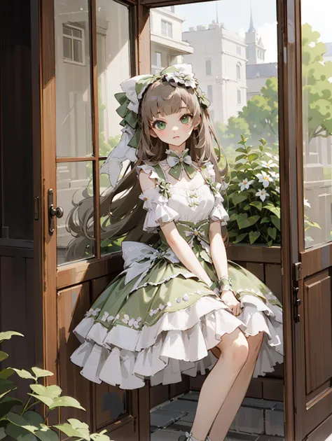 (masterpiece, best quality),1girl,(skinny:1.2),outdoors,garden, window, long hair, blunt bangs,
<lora:Green and White dress_20230627173256:0.5>,Green and White dress,hair bow,frilled dress,sitting,