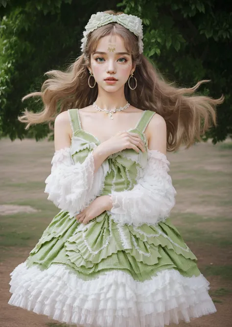 (photo-realistic,ultra realistic 8k CG:1.2),perfect artwork,delicate pattern,
(best quality,intricate detail,extremely intricate:1.2),70mm telephoto lens,
-------------------------------,
(ulzzang6500V),(idol),(detailed clothes features),Exquisite Makeup,
(1girl,solo:1.2),woman,girly,bright eyes,(detailed eyes),
(very long hair,Floating hair,Flamboyant hair,wind,gale,hair accessories:1.4),
-------------------------------,
earrings,filigree,jewelry,
-------------------------------,
(horizon,longView,distant,Leaves and plant in front:1.2),simple background,
-------------------------------,
<lora:Green and White dress_20230627173256:0.9>,Green and White dress,frilled dress,hair bow,