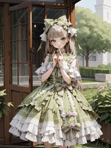 (masterpiece, best quality),1girl,(skinny:1.2),outdoors,garden, window, long hair, blunt bangs,
<lora:Green and White dress_20230627173256:0.6>,Green and White dress,hair bow,frilled dress,