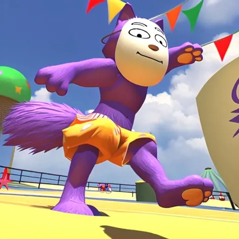 <lora:keda-ono loss=070:0.75> solo, anthro, (kedamono), noh mask, wolf, tail, purple fur, white pawpads, orange shorts, 3d, official art