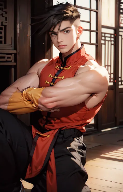 ((best quality)), ((masterpiece)), ((realistic)), (detailed)
muscular male, narrow waist, Slim waist, thick eyebrowns,
, boots, nipples, , ((thin)) , , (sweating, , swet)
, male focus, brown eyes, sunny day,
<lora:Yang_lee:1>
ylee,
(( chinese shirt, red shirt,))
sleeveless,
spiked hair,
muscled arms,
yellow wristbands,
((black chinese pants,))
black sneakers,
chinese shirtless,