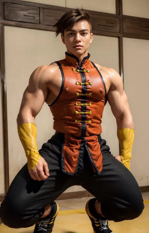((best quality)), ((masterpiece)), ((realistic)), (detailed)
muscular male, narrow waist, Slim waist, thick eyebrowns,
, boots, nipples, , ((thin)) , , (sweating, , swet)
, male focus, brown eyes, sunny day,
<lora:Yang_lee:1>
ylee,
(( chinese shirt,))
sleeveless,
spiked hair,
muscled arms,
yellow wristbands,
((black chinese pants,))
black sneakers,
chinese shirtless,