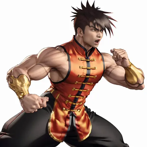 ((best quality)), ((masterpiece)), ((realistic)), (detailed),
<lora:Yang_lee:0.8> ylee, (( chinese shirt, red shirt,)) sleeveless, spiked hair, muscled arms, yellow wristbands, ((black chinese pants, kick))
mkvspose, vs, (fighting stance), open mouth, medium shot, (facing away), transparent background, (perfil),looking away, <lora:Mortal_Kombat_VS_pose:0.8>,