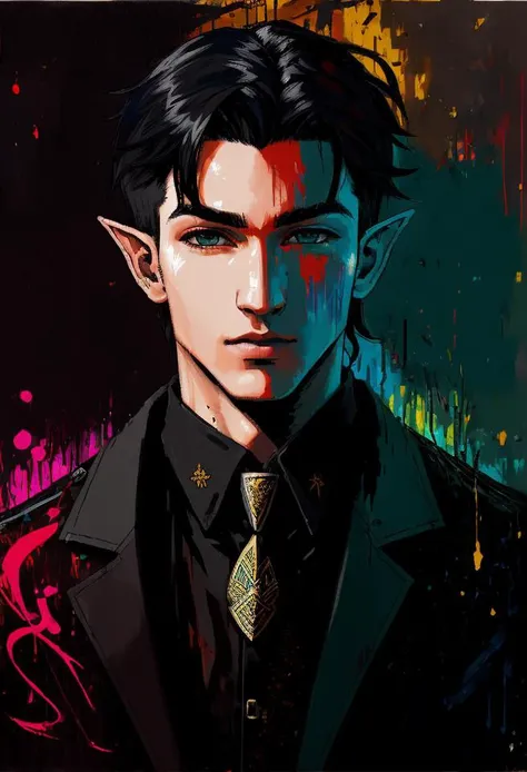 <lora:jaggy_lines_noise_taged:1.0>
(jaggy lines:1.2), made in paint,
male 18yo elf, (long:1.4) (undercut:0.8) black hair, dark coat
vivid bright colorful oil painting by Carne Griffiths