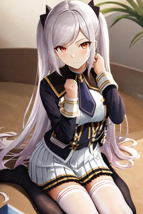 masterpiece, best quality, highres, 1girl hair ornament, necktie white skirt uniform white thighhighs <lora:alexia_midgar:1> sitting, wariza