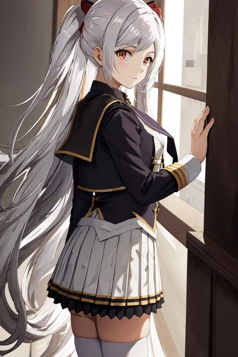 masterpiece, best quality, highres, 1girl hair ornament, necktie white skirt uniform white thighhighs <lora:alexia_midgar:1> from side, looking at viewer