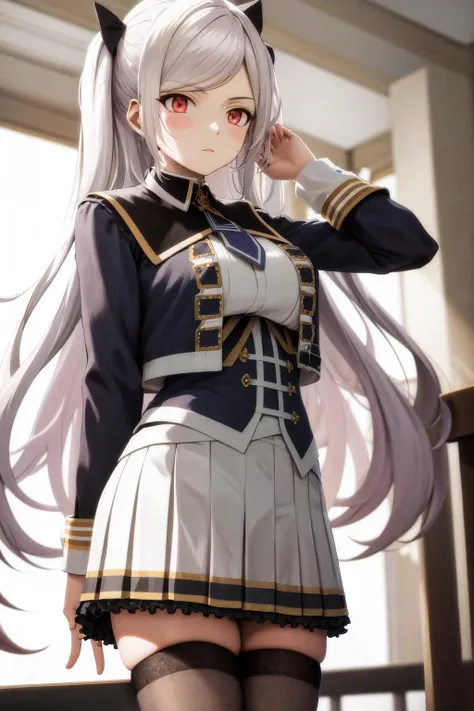 masterpiece, best quality, highres, 1girl hair ornament, necktie white skirt uniform white thighhighs <lora:alexia_midgar:1> standing