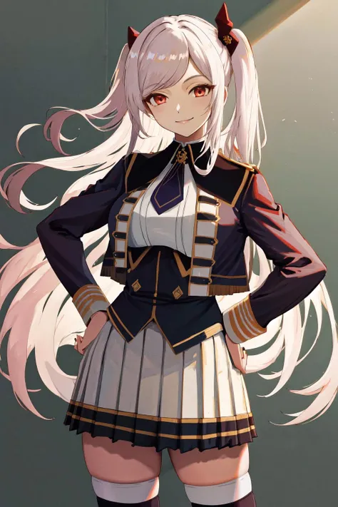 masterpiece, best quality, highres, 1girl hair ornament, necktie white skirt uniform white thighhighs <lora:alexia_midgar:1> hand on hip, smile
