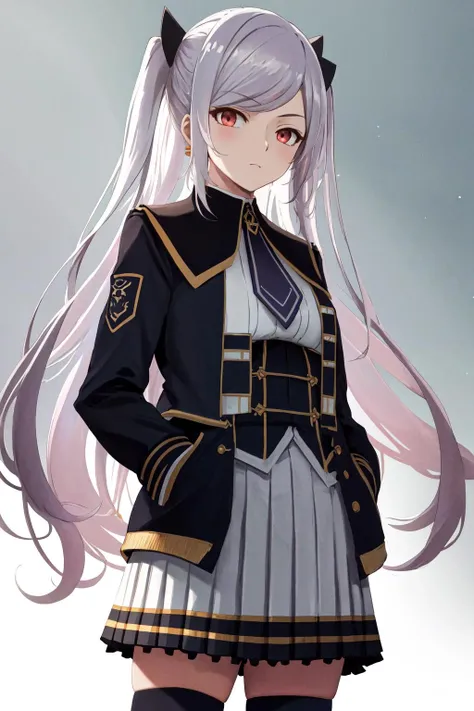 masterpiece, best quality, highres, 1girl hair ornament, necktie white skirt uniform white thighhighs <lora:alexia_midgar:1> hands in pockets, looking at viewer