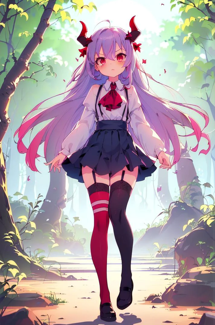 (best quality, masterpiece, hires), <lora:Arco_-_Marco_and_the_Galaxy_Dragon:0.8>, arco, lilac hair, horns, red eyes, dip dye, suspender skirt, ascot, thighhighs, garter straps, ((toon)), forest