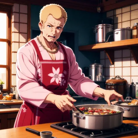 <lora:teppei_lora_lion_dim64_flat2d_repeats-2:te=0.3:unet=0.9> solo, best quality, 1man, (open mouth:1), blonde hair, black eyes, muscular male, (nabe, portable stove:1.2) BREAK (wristwatch:0.6), naked apron, (nude:1.1), necklace, cleft chin, highly detailed, masterpiece