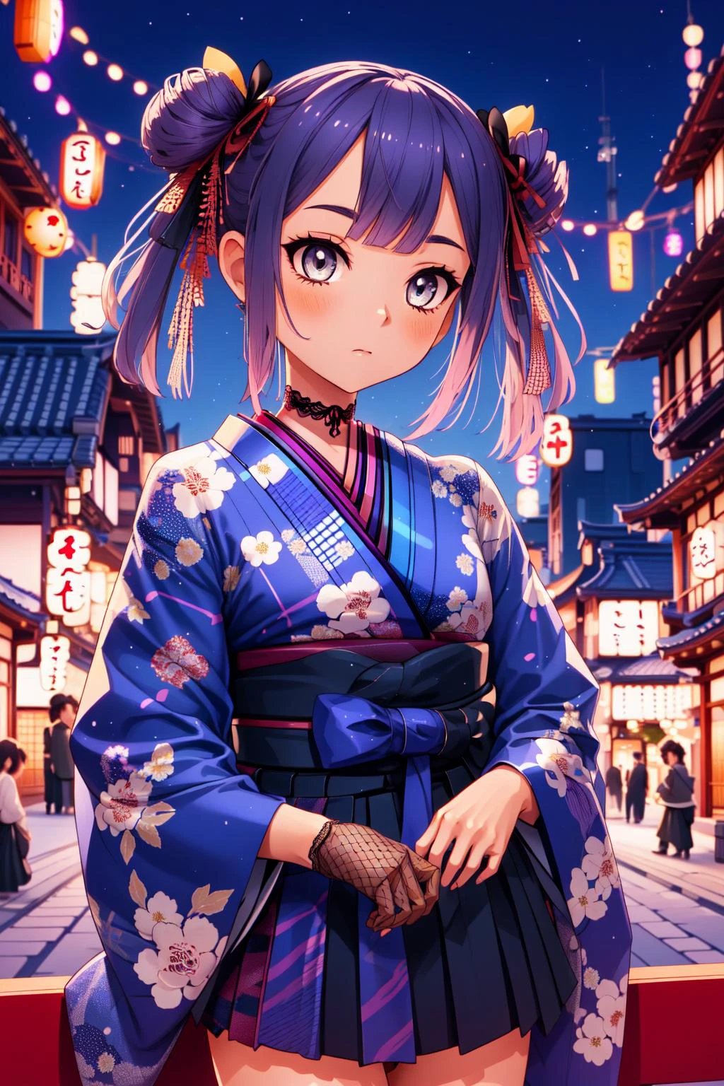 (masterpiece, best quality), intricate details,
1girl, <lora:tokoyami_towa_v1:0.8> cctowa, short hair, two side up, hair ribbonhair ornament, lace choker, plaid, japanese clothes, (checkered kimono:1.1), wide sleeves, fishnet gloves, hakama skirt,
night, outdoors, japanese village, starry sky, fireworks, obon,