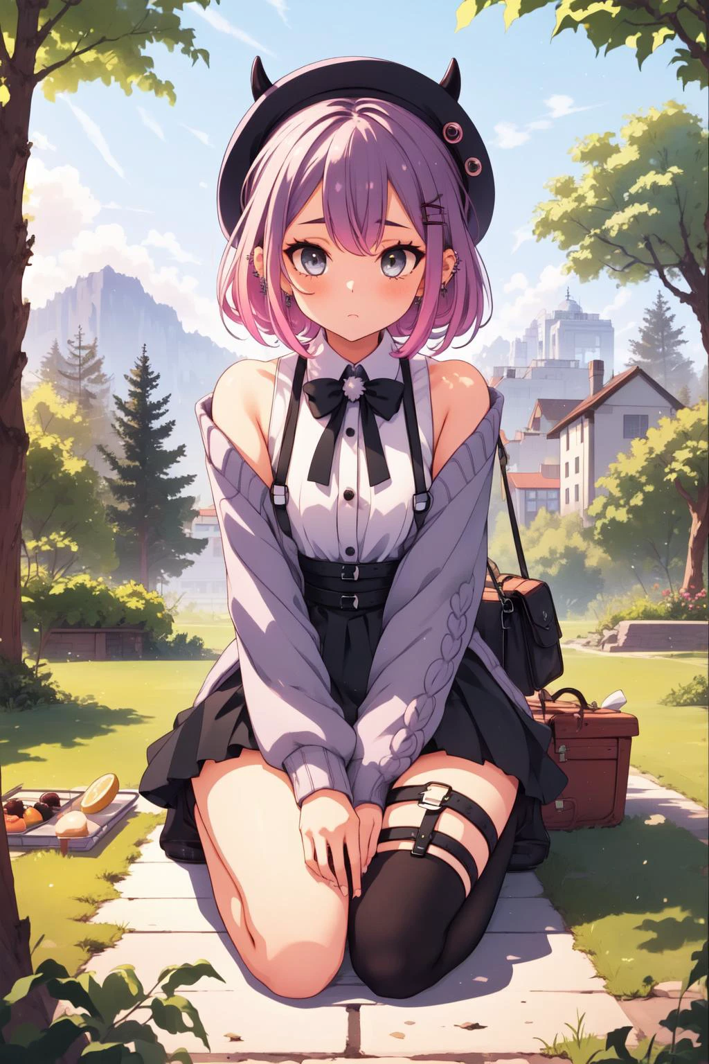 (masterpiece, best quality), intricate details,
1girl, <lora:tokoyami_towa_v1:0.8> bbtowa, short hair, black headwear, beret, fake horns, hair ornament, piercing, demon tail, black bowtie, white shirt, sleeveless, off shoulder, grey cardigan, open clothes, sleeves past wrists, black skirt, suspender skirt, thigh strap,
seiza, picnic, outdoors, grass, trees, sun,