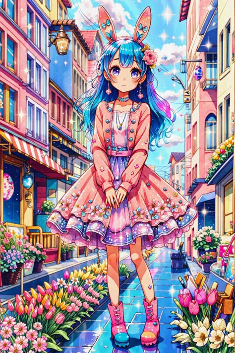 1girl, blue_hair, bunny_ears, sad, depressed,
rain, flower_field, cloudy, tulips, roses
standing, crying, sparkles, glitter
(dress/glitter/sparkles/pink), boots,
<lora:chon33:0.6>, <lyco:GoodHands-beta2:1>, <lora:deluster2:-0.5>, <lora:akagi_shun_offset:0.8>, <lora:breastsizeslideroffset:-1>, <lora:weight_slider_v2:-1>