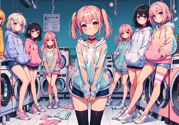 multiple girls, thighhighs, shorts, long hair, pink hair, hair ornament, pink eyes, hood, hoodie, blue hair, choker, twintails, short hair, looking at viewer, socks, white hair, bangs, standing, striped, belt, holding, medium hair, long sleeves, short shorts, sitting, laundry, laundromat, 1girl, looking at viewer, black hair, solo focus, see-through, hood, bangs, bag, hoodie, long sleeves, upper body, closed mouth, blush, hand up, hair between eyes, hood down, blue eyes, medium hair, sleeves past wrists, transparent jacket, raincoat