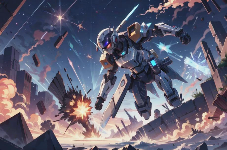 action shot, dogfight, flying, thrusters, explosion, laser, mecha, beam saber, futuristic, glowing, space, stars, (masterpiece:1.2), hires, ultra-high resolution, 8K, high quality, (sharp focus:1.2), clean, crisp, cinematic