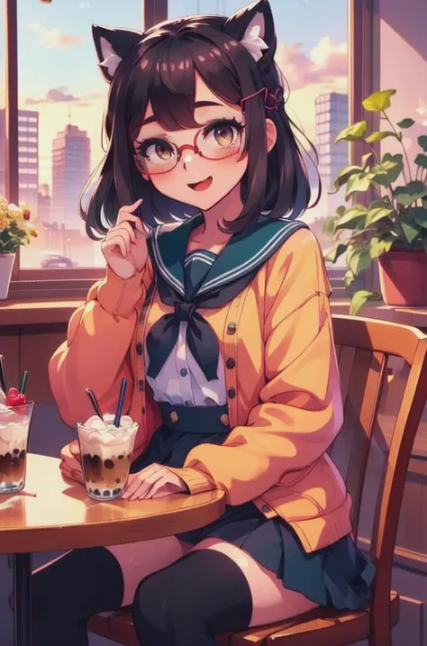 multiple girls, cafe, restaurant, 2girls, blue eyes, thighhighs, skirt, food, hair ornament, flower, pink hair, school uniform, long hair, window, sitting, pleated skirt, serafuku, black hair, looking at viewer, indoors, hair flower, sailor collar, cup, blush, open mouth, smile, table, bangs, fruit, neckerchief, long sleeves, parted lips, short hair, :o, holding, chair, red neckerchief, rose, blue skirt, hairclip, ribbon, cardigan, hair between eyes, :d, hair ribbon, red flower, desert, icecream,, (Anthro Furry:1.2), male, wolf, (white fur, parted brown hair, yellow eyes, black rectangular glasses:1.4, eyepatch over right eye:1.4), (black open jacket:1.4, black dress pants, purple dress shirt, skinny necktie), (masterpiece:1.2), hires, ultra-high resolution, 8K, high quality, (sharp focus:1.2), clean, crisp, cinematic