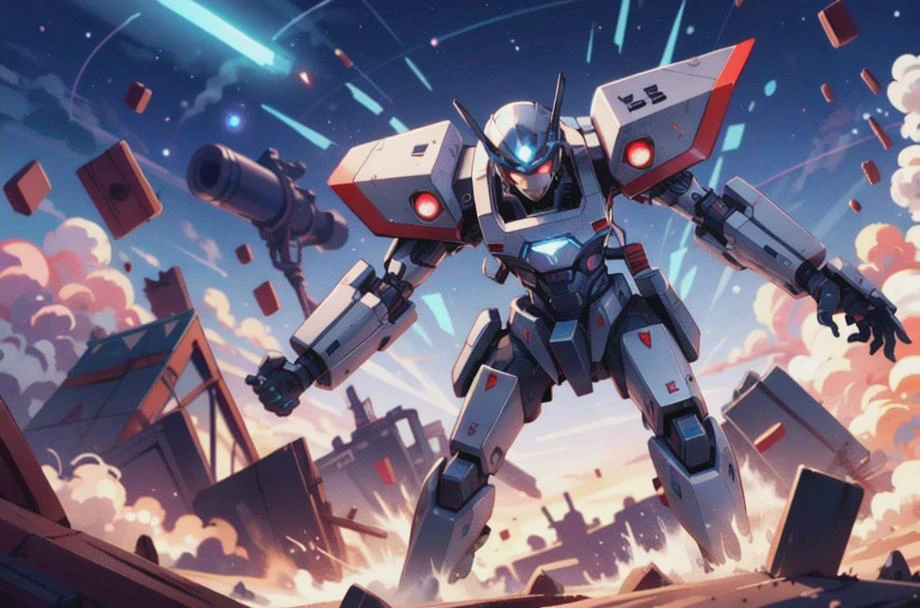 action shot, dogfight, flying, thrusters, explosion, laser, mecha, beam saber, futuristic, glowing, space, stars, (masterpiece:1.2), hires, ultra-high resolution, 8K, high quality, (sharp focus:1.2), clean, crisp, cinematic