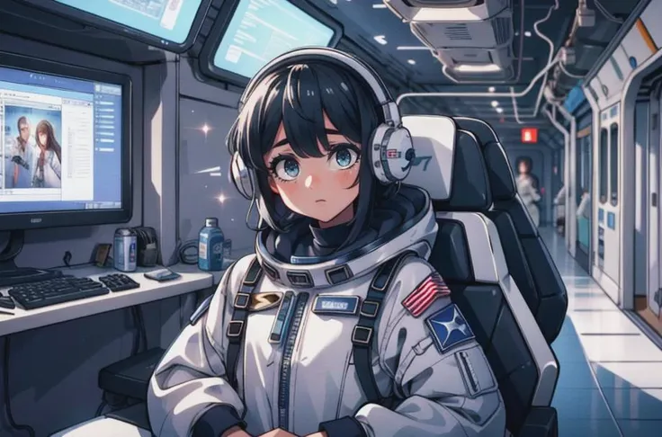 1girl, solo, action shot, wearing a spacesuit, space station, interior, hangar, spacecraft, futuristic, glowing, (masterpiece:1.2), hires, ultra-high resolution, 8K, high quality, (sharp focus:1.2), clean, crisp, cinematic