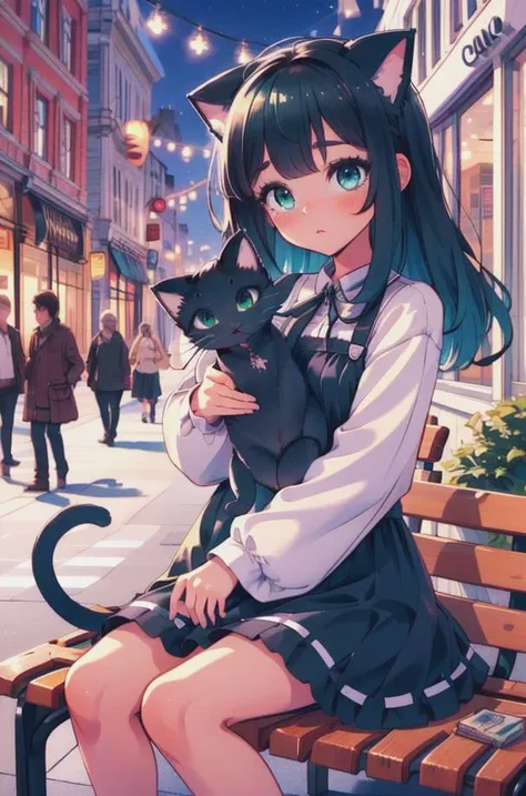 Catgirl, (calico dress, black hair, green eyes, cat tail, cat ears), shopping mall, shops, crowd, shopping bags, bench, fountain, (masterpiece:1.2), hires, ultra-high resolution, 8K, high quality, (sharp focus:1.2), clean, crisp, cinematic