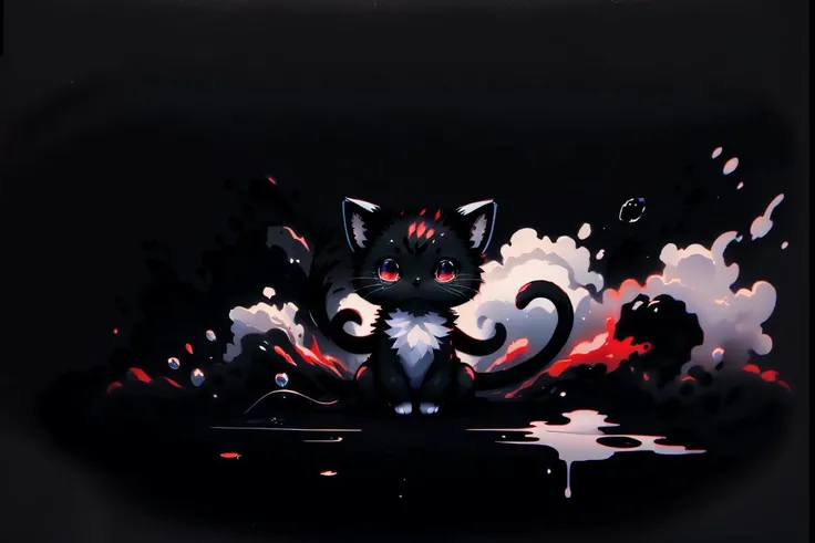 (masterpiece, best quality), [(black background:1.4)::5], red ink, (ink splash), masterpiece, best quality, Cu73Cre4ture, white cat