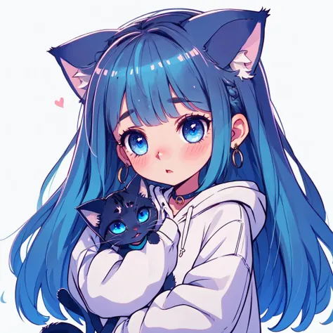 1girl, long hair, animal, cat, cat ears, cat girl, hoodie, hood, blue hair, blue eyes, blush, simple background, solo, white background, looking at viewer, sleeves past wrists, upper body, hood down, holding, earrings, jewelry, long sleeves, parted lips, bangs