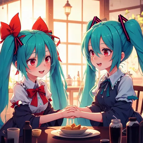 multiple girls, 2girls, touhou, hatsune miku, open mouth, long hair, red eyes, twintails, blue hair, bow, red bow, holding hands, hat, smile, aqua eyes, long sleeves, ribbon, short hair, looking at another, blurry, dress, upper body, aqua hair, hair between eyes, hair bow, cup, very long hair, hair ornament, blush, bangs