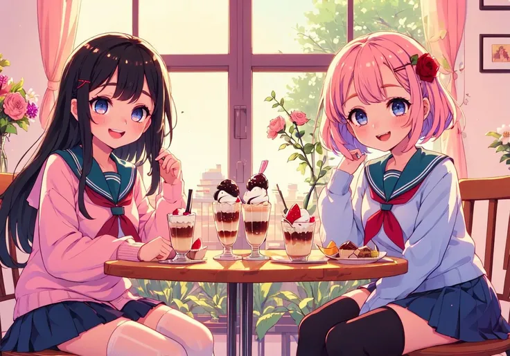 multiple girls, cafe, restaurant, 2girls, blue eyes, thighhighs, skirt, food, hair ornament, flower, pink hair, school uniform, long hair, window, sitting, pleated skirt, serafuku, black hair, looking at viewer, indoors, hair flower, sailor collar, cup, blush, open mouth, smile, table, bangs, fruit, neckerchief, long sleeves, parted lips, short hair, :o, holding, chair, red neckerchief, rose, blue skirt, hairclip, ribbon, cardigan, hair between eyes, :d, hair ribbon, red flower, desert, icecream,