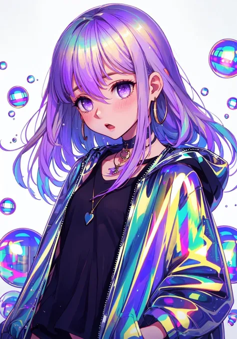 1girl, solo, long hair, looking at viewer, jacket, upper body, shirt, bangs, bubble, long sleeves, blush, choker, open clothes, open jacket, parted lips, jewelry, purple eyes, hair between eyes, hood, white background, necklace, open mouth, see-through, iridescent, iridescent jacket