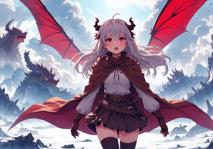 1girl, 1other, dragon, dragon creature, red eyes, gloves, skirt, outdoors, looking at viewer, thighhighs, shirt, hair between eyes, long hair, cape, holding, bangs, black skirt, 1boy, white shirt, long sleeves, cloak, open mouth, belt, ahoge, standing, parted lips, sky, pleated skirt, horns, day, white hair, zettai ryouiki, solo focus