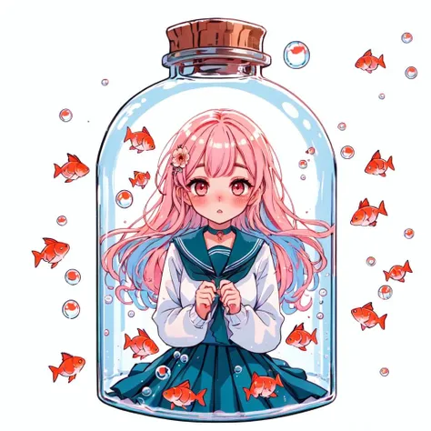 1girl, solo, girl in a bottle, bottle, in container, white background, bubble, hair ornament, school uniform, fish, looking at viewer, blush, jar, long hair, flower, hair flower, goldfish, sailor collar, pink hair, simple background, serafuku, long sleeves, bangs, skirt, parted lips, choker, black skirt