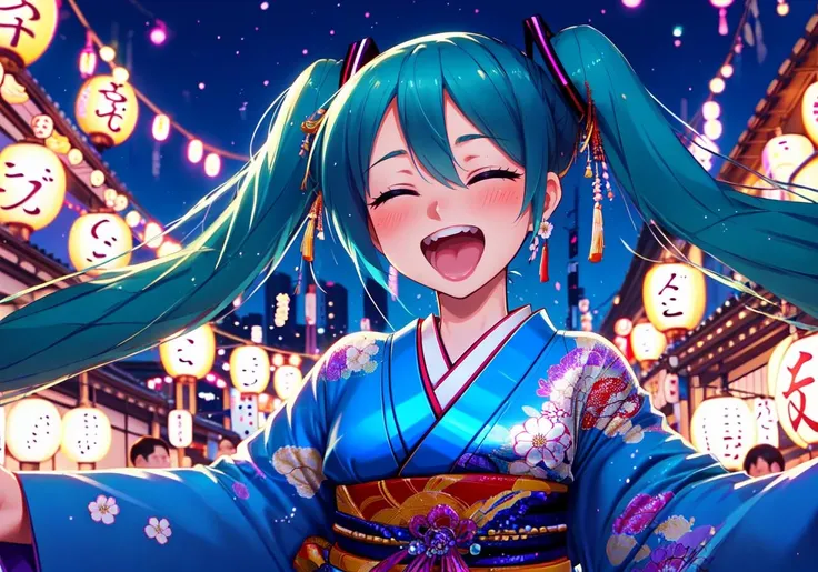 hatsune miku, hair ornament, closed eyes, twintails, japanese clothes, flower, long hair, kimono, hair flower, 1girl, open mouth, smile, night, sash, blush, floral print, festival, obi, upper body, lantern, outdoors, very long hair, solo focus, aqua hair, night sky, facing viewer, sky, yukata, blue hair, ^_^, blurry, blue kimono, :d, happy, hair between eyes, bangs