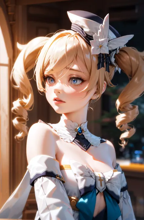 <lora:char-Genshin-Barbara:1>, barbara \(genshin impact\), twintails, frilled dress, hat, bare shoulders, depth of field,
(masterpiece, sidelighting, finely detailed beautiful eyes: 1.2), masterpiece*portrait, realistic, 3d face, glowing eyes, shiny hair, lustrous skin, solo, embarassed