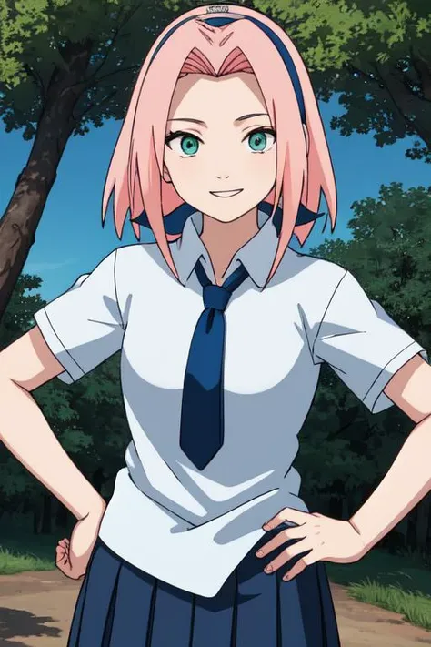 (((school uniform))), blue tie, (((white t-shirt))), blue skirt, skirt, best quality, 4K , masterpiece, extremely detailed, 8k, extremely detailed eyes, ultra-detailed, Sakura, pink hair, green eyes, petite body, small boobs, ninja headband, in a forest, trees, grass, blue sky, standing, hand on hip, looking at viewer, happy. <lora:Sakura:1> <lora:KM_NarutoS-V2:0.5>