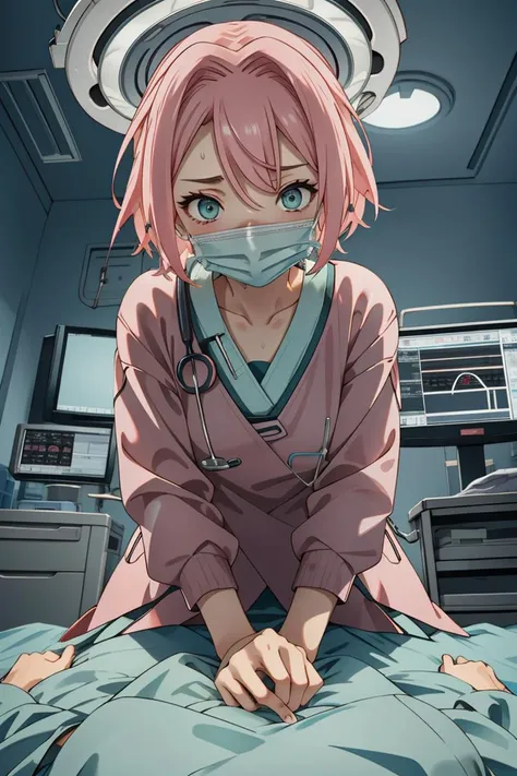 (RAW photo, best quality), operating room, overhead surgical light,blurred background, focused, dithering,backlighting,
 <lora:surgeon_cpr_pov_V1.0-000005:0.8> surgeon_cpr, indoors, 1girl, looking at viewer, pov, solo,surgical mask, long sleeves,sweating, 
 <lora:Sakura:0.57> 1girl, pink_hair, green_eyes, short hair, blush, haruno sakura,