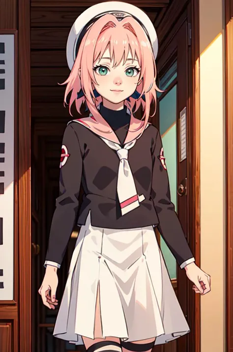 smile, outdoors, <lora:SakuraV2:0.8> haruno sakura, 1girl, pink hair, green eyes, short hair, long hair, forehead protector, <lora:Kinomoto:1> kinomotoai, hat, white headwear, beret, skirt, white sailor collar, long sleeves, school uniform, pleated skirt, serafuku, sailor collar, black shirt, white skirt, white neckerchief, tomoeda uniform, cardcaptor sakura,, absurdres, ultra detailed, masterpiece, best quality, aesthetic, detailed,