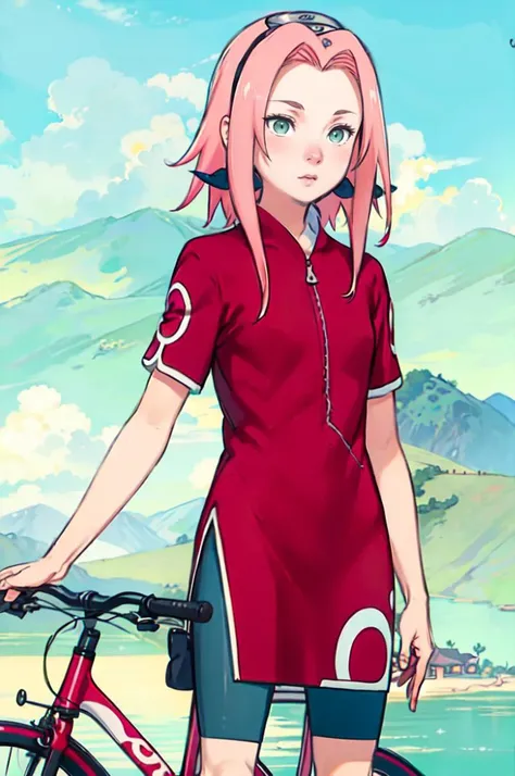 <lora:SakuraV2:0.9> haruno sakura, 1girl, pink hair, green eyes, short hair, long hair, forehead protector, short sleeves, bike shorts, <lora:kuroboshi_kouhaku_style_v01:1>, absurdres, ultra detailed, masterpiece, best quality, aesthetic, detailed,