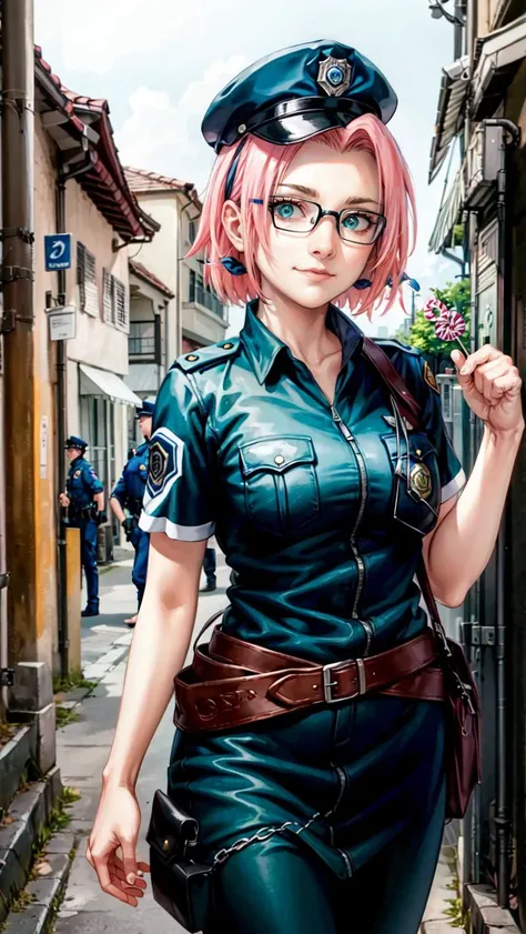 ((holding lollipop)),  masterpiece, best quality, high quality, 1girl, solo, (((picture perfect))), (absurdres), haruno sakura, smile,  pink hair, green eyes, short hair, breasts, ((police uniform)), police hat, <lora:Sakura:1>