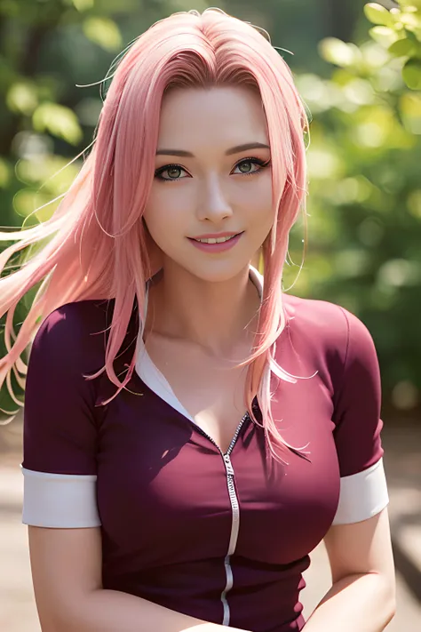 1girl, dynamic pose, smile <lora:Sakura:0.7>haruno sakura
pink hair, green eyes, short hair, long hair, forehead protector, short sleeves, bike shorts,, masterpiece, high quality, best quality, beautiful, perfect lighting, detailed face, detailed body,, (((photorealistic, hyper-realistic, RAW photo:1.2))), intricate details, 8k uhd, perfect face, perfect eyes,