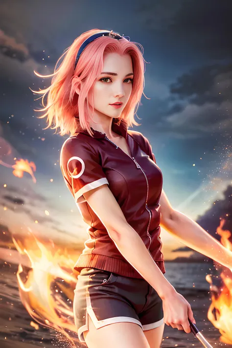 1girl, dynamic pose, cowboy shot,smile <lora:Sakura:0.7>haruno sakura
pink hair, green eyes, short hair, long hair, forehead protector, short sleeves, bike shorts,, masterpiece, high quality, best quality, beautiful, perfect lighting, detailed face, detailed body,, (((photorealistic, hyper-realistic, RAW photo:1.2))), intricate details, 8k uhd, perfect face, perfect eyes,, (human on fire), red fire, blue fire, <lora:on_fire:0.6>,